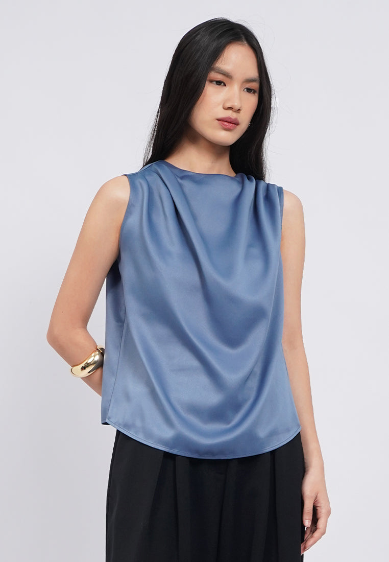 Sleeveless Satin Draped Blouse