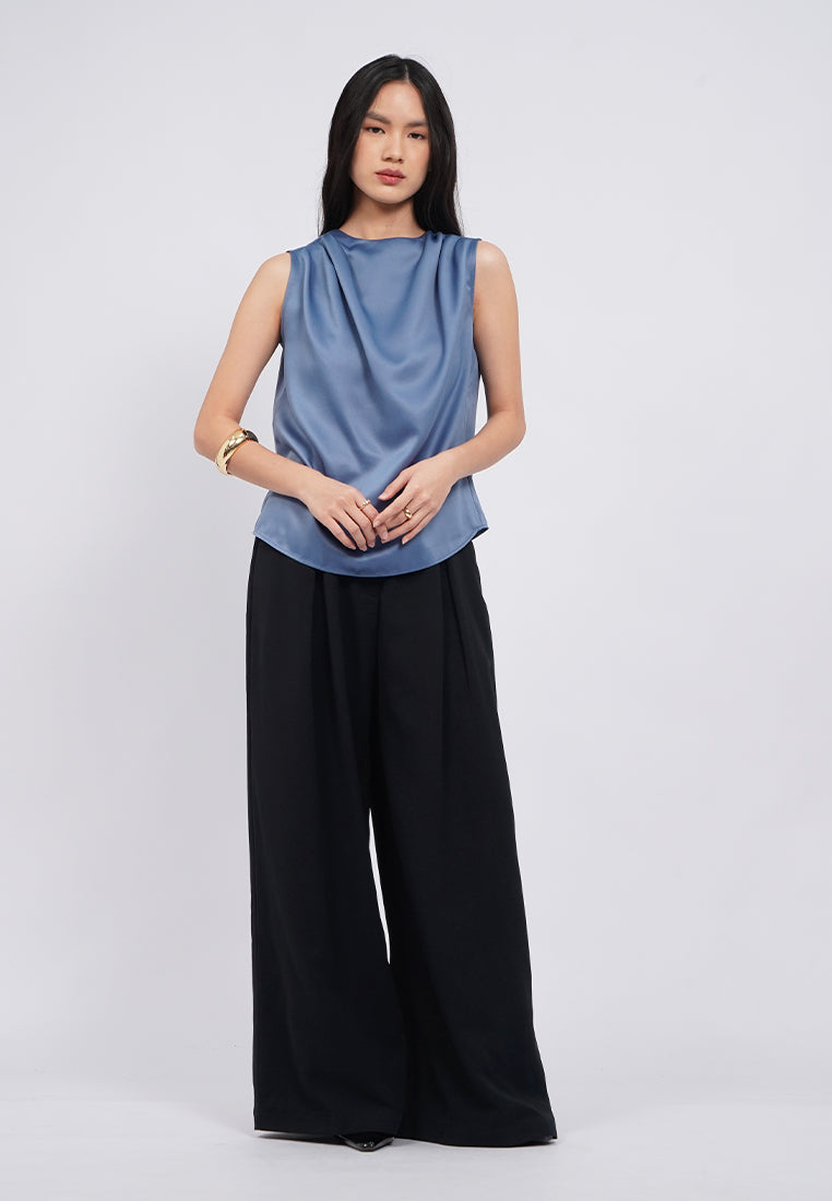 Sleeveless Satin Draped Blouse