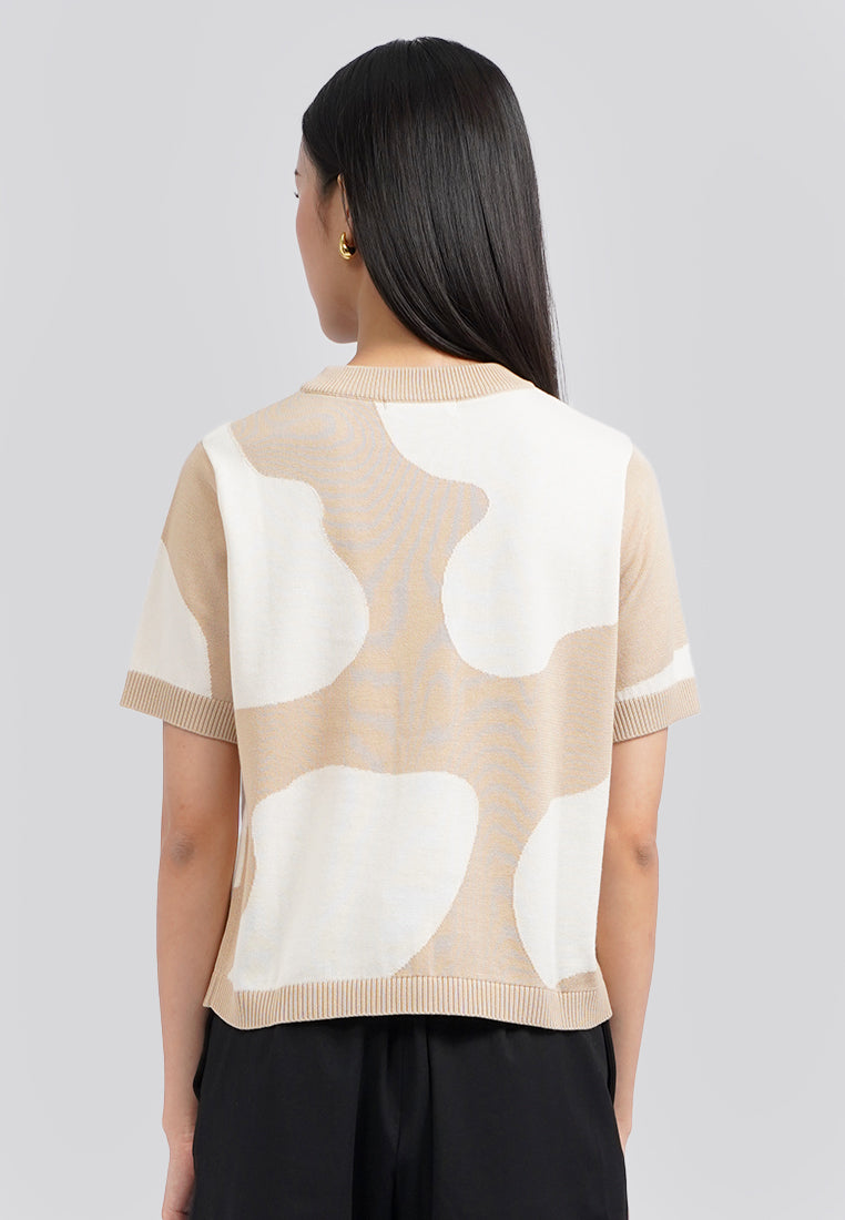 Animal Printed Short Sleeve Knit Top Khaki