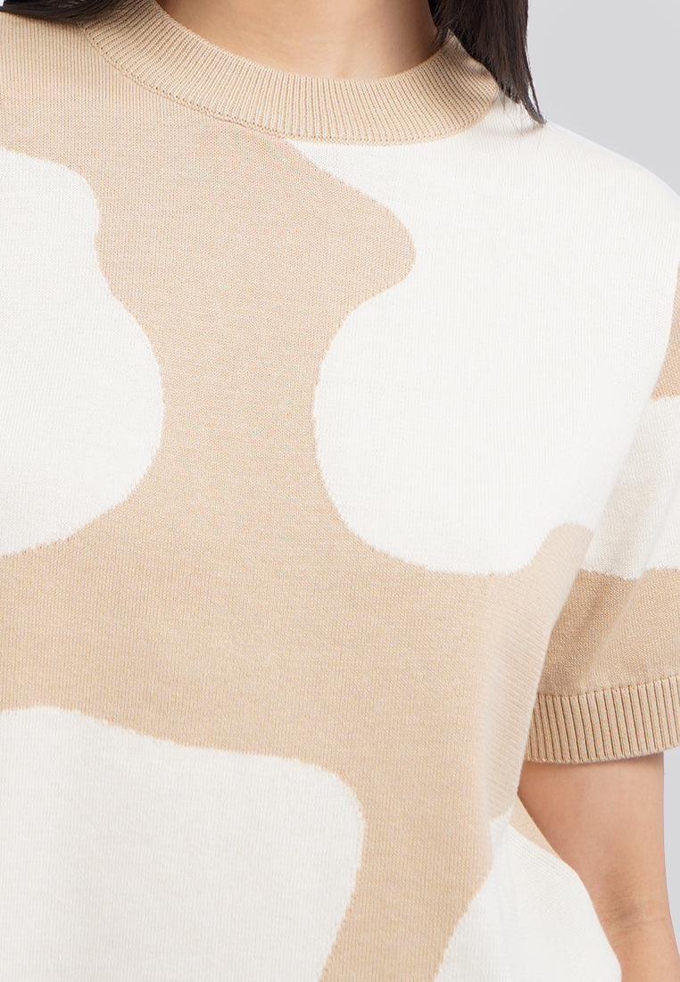 Animal Printed Short Sleeve Knit Top Khaki