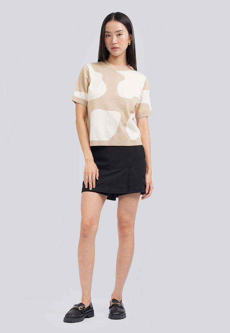 Animal Printed Short Sleeve Knit Top Khaki