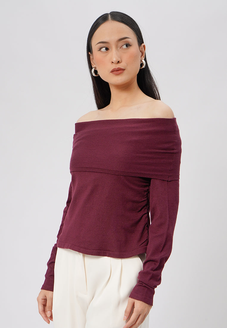 Off Shoulder Long Sleeve Knit Top Plum
