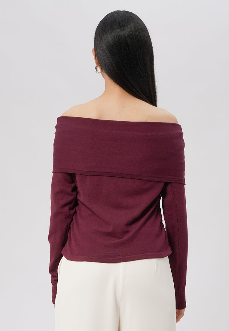 Off Shoulder Long Sleeve Knit Top Plum
