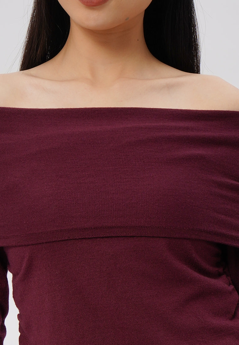 Off Shoulder Long Sleeve Knit Top Plum