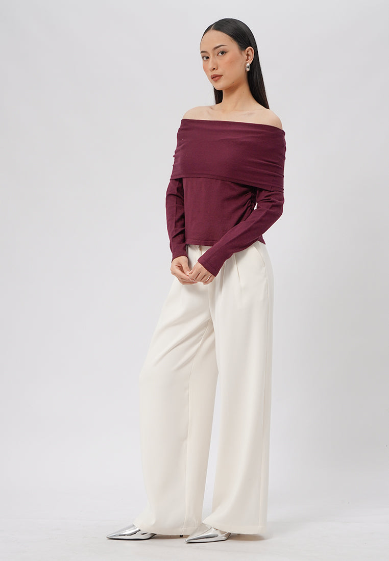 Off Shoulder Long Sleeve Knit Top Plum