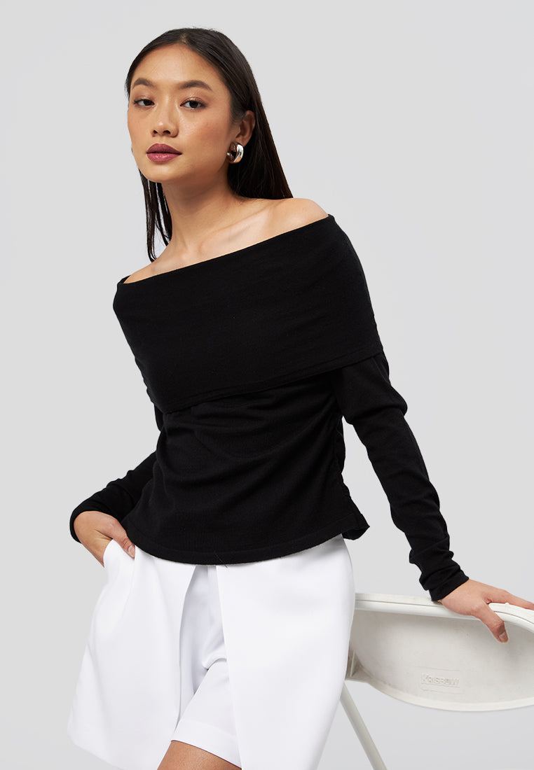 Off Shoulder Long Sleeve Knit Top Black