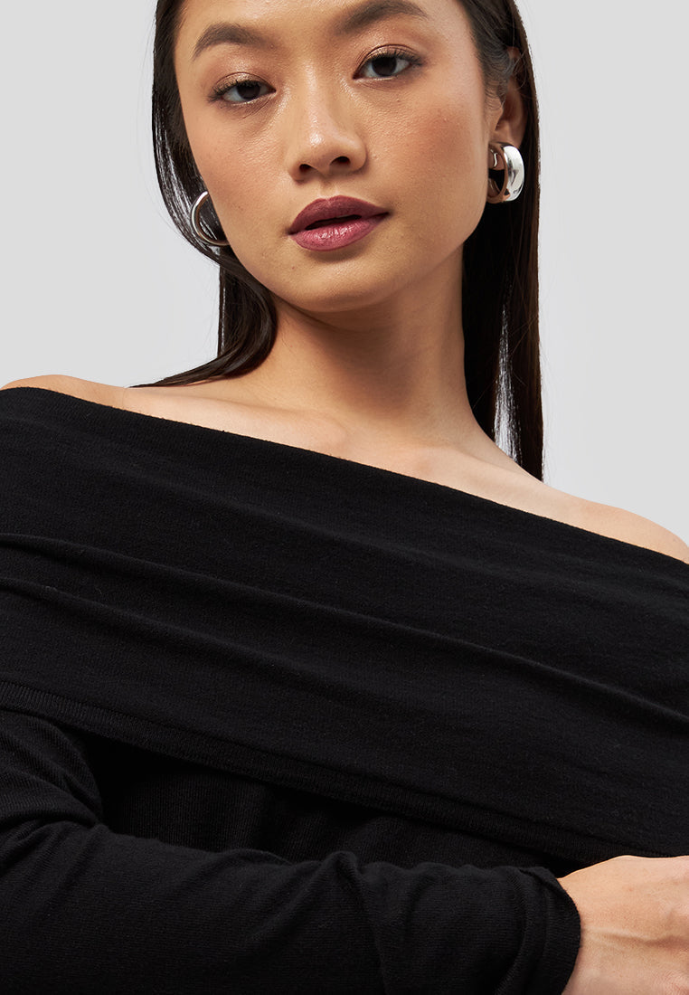 Off Shoulder Long Sleeve Knit Top Black