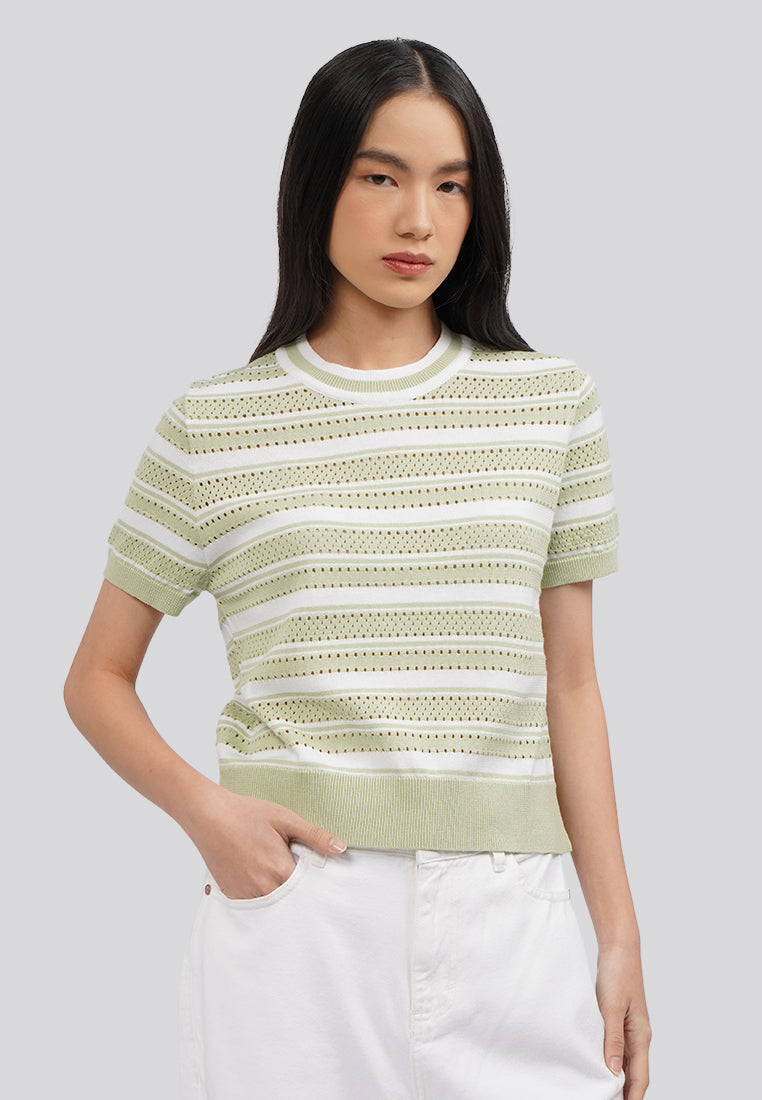 Stripes Short Sleeve Knit Top Sage
