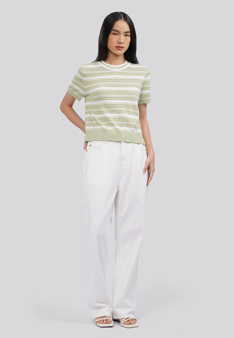 Stripes Short Sleeve Knit Top Sage