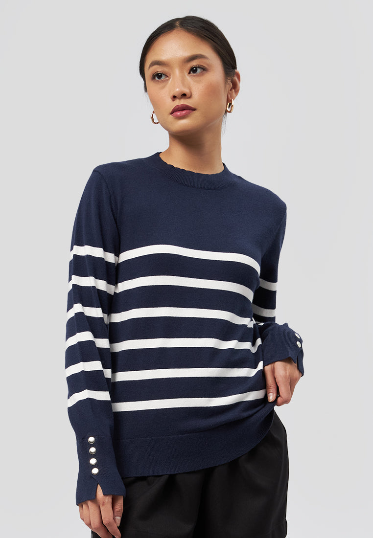 Long Sleeve Stripes Knit Top Navy