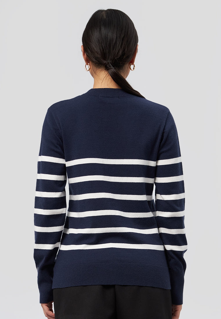 Long Sleeve Stripes Knit Top Navy