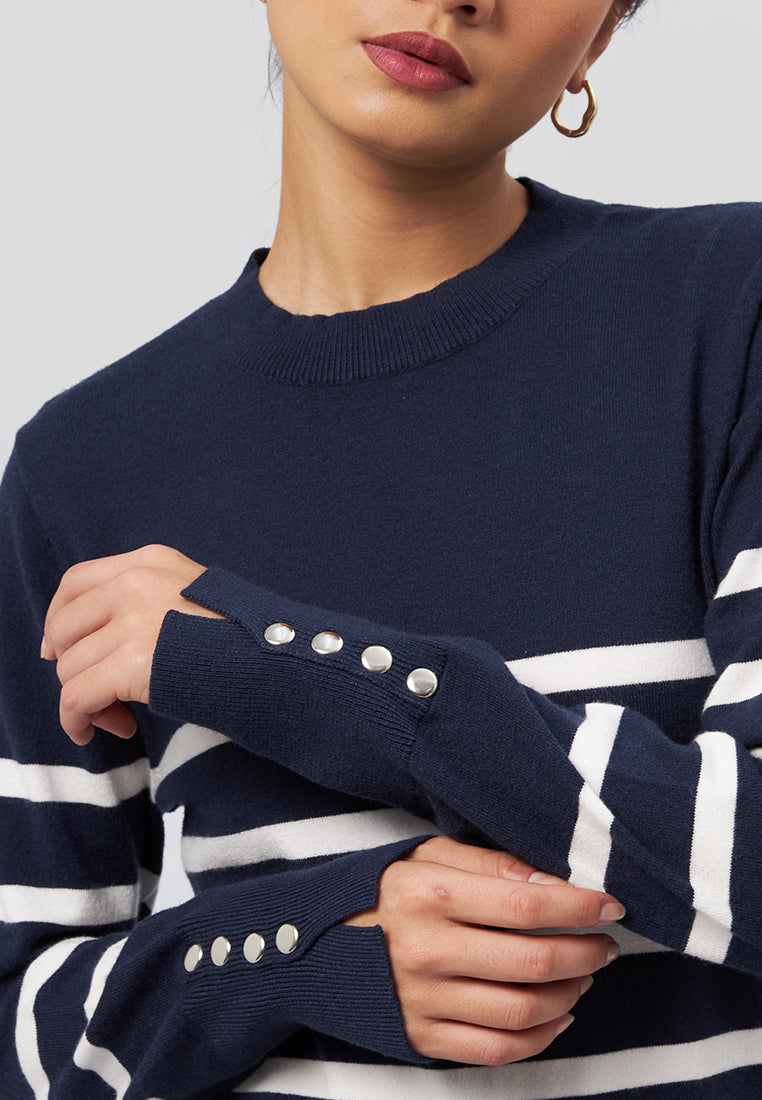 Long Sleeve Stripes Knit Top Navy