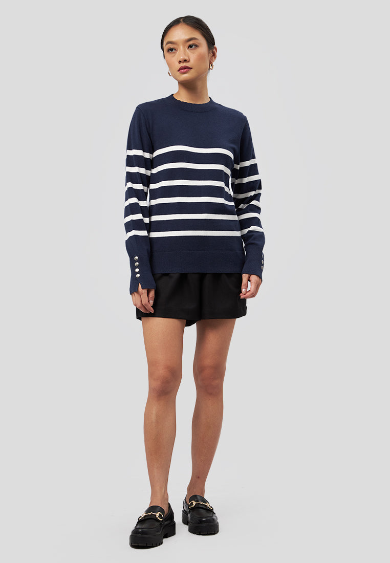 Long Sleeve Stripes Knit Top Navy