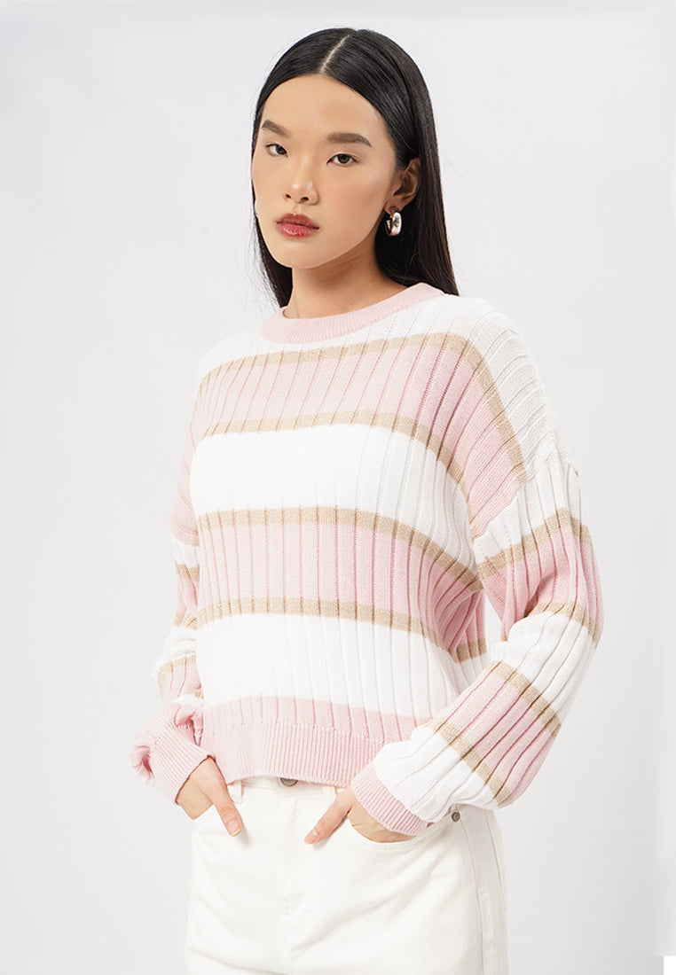Long Sleeve Stripes Sweater Pink