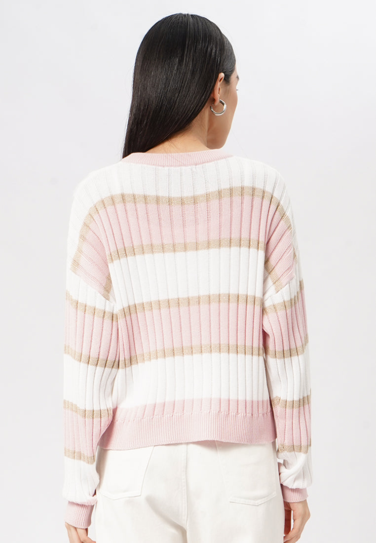 Long Sleeve Stripes Sweater Pink