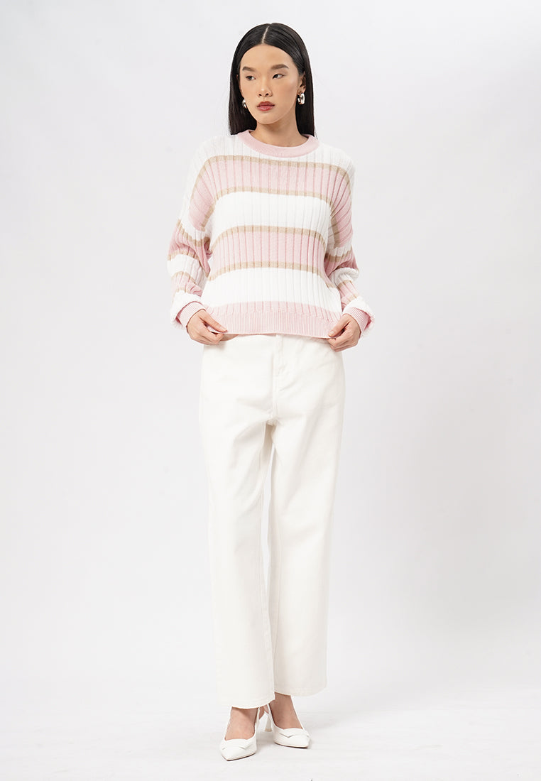 Long Sleeve Stripes Sweater Pink