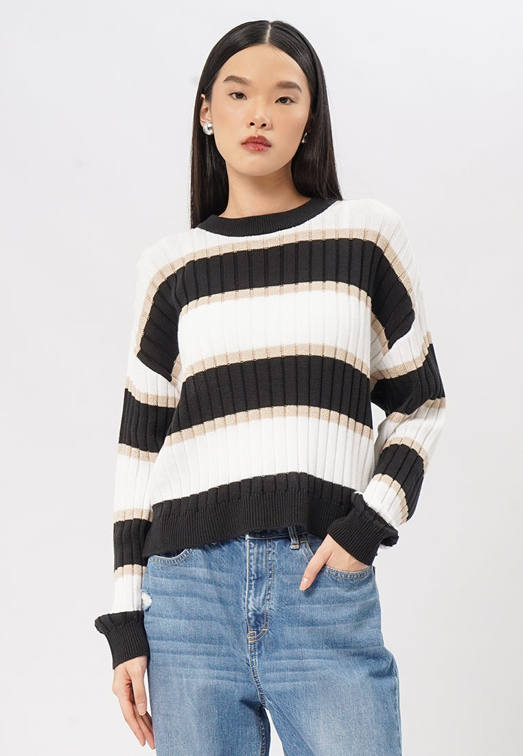 Long Sleeve Stripes Sweater Black