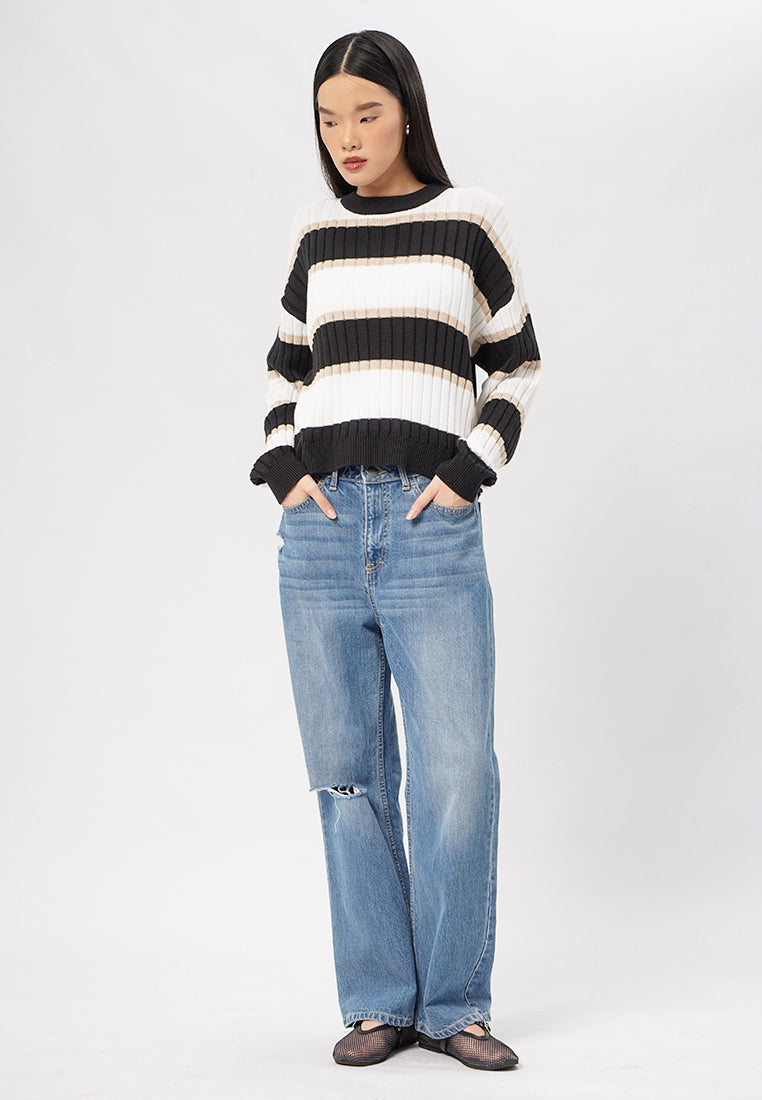 Long Sleeve Stripes Sweater Black