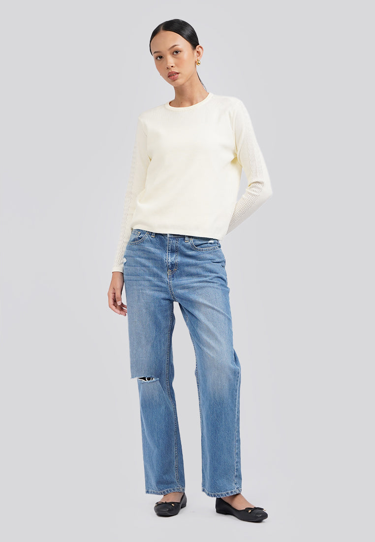 Long Sleeve Cropped Knit Top Ecru