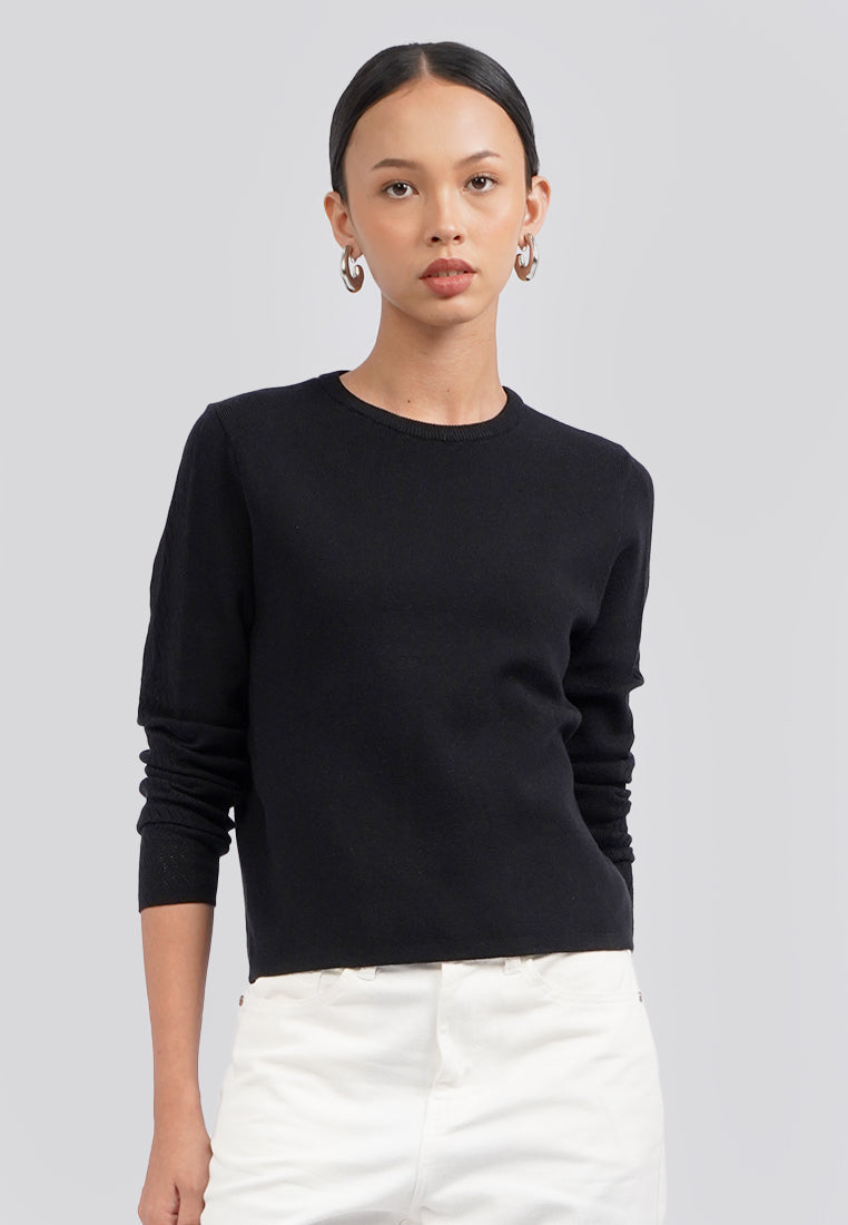 Long Sleeve Cropped Knit Top Black