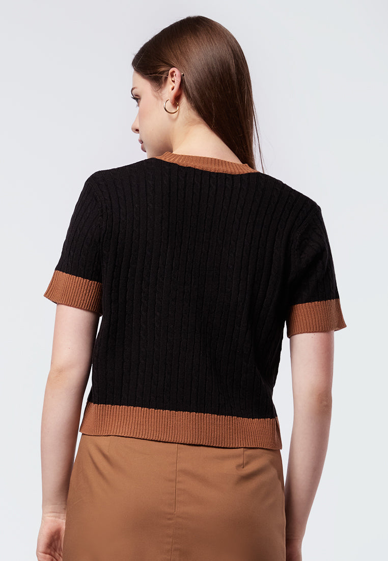 Short Sleeve Knit Top with Contrast Rib