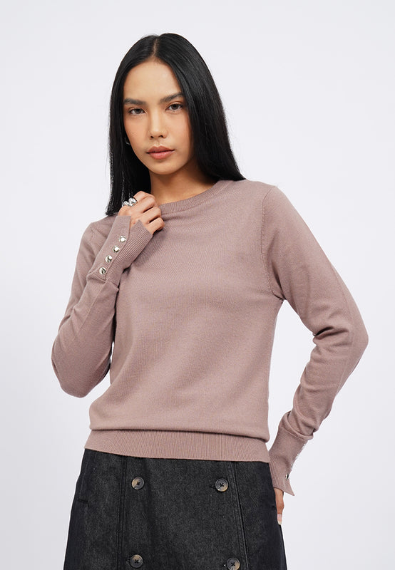 Long Sleeve Knit Top with Button Details
