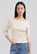 Long Sleeve Boat Neck Rib Top Ecru