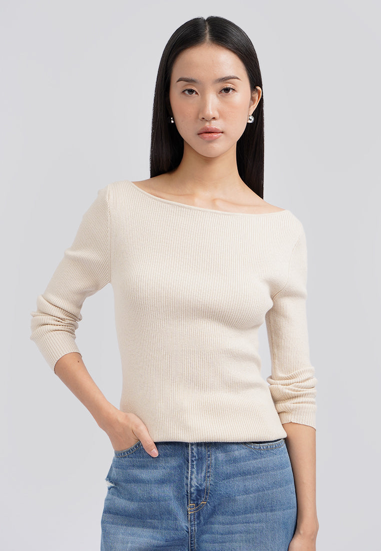 Long Sleeve Boat Neck Rib Top Ecru