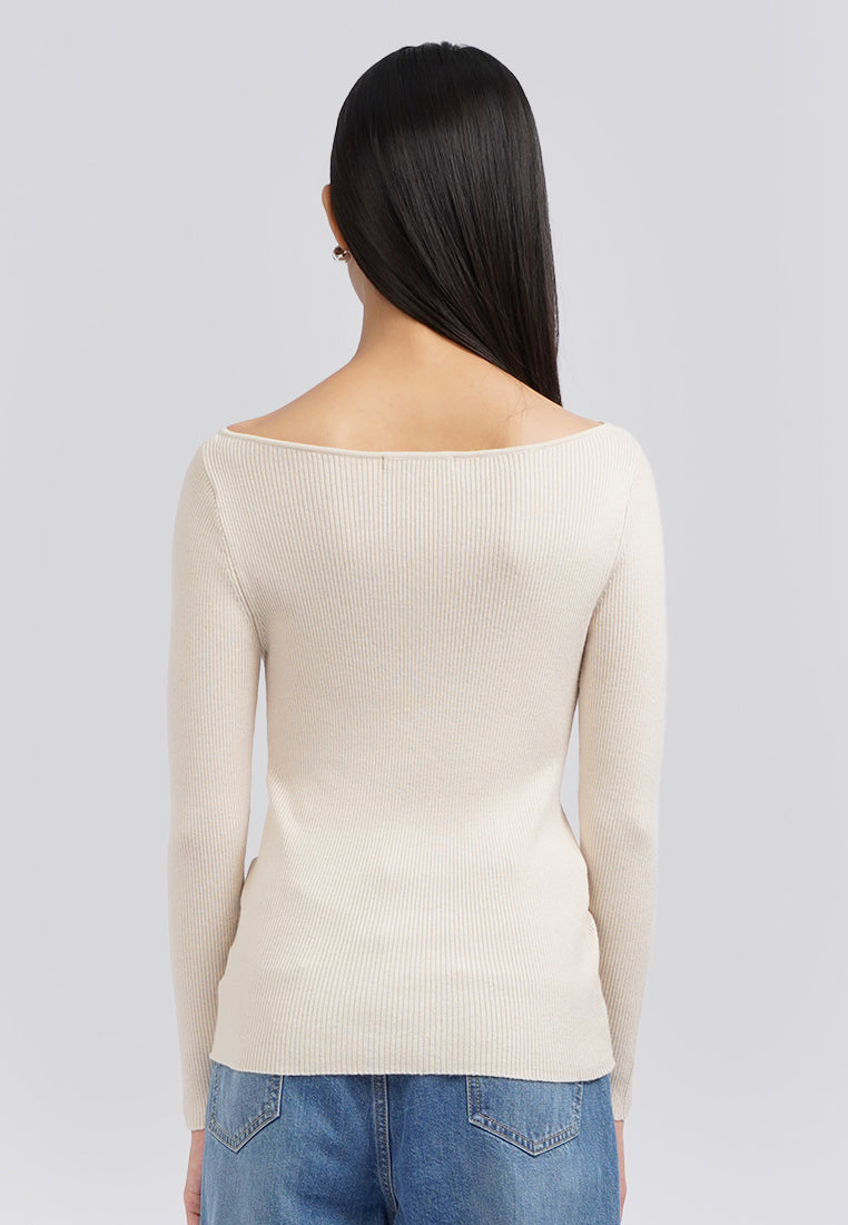 Long Sleeve Boat Neck Rib Top Ecru