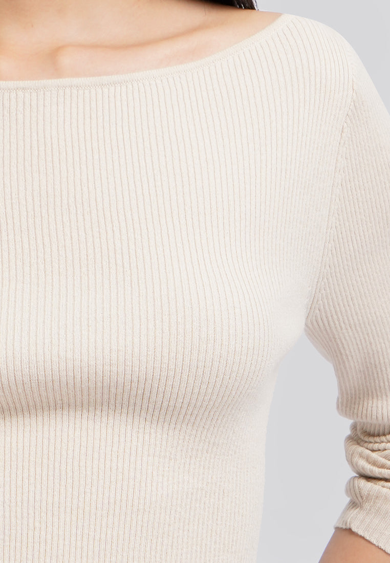 Long Sleeve Boat Neck Rib Top Ecru