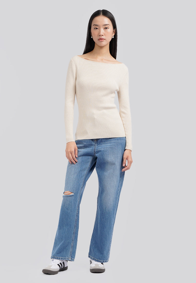 Long Sleeve Boat Neck Rib Top Ecru