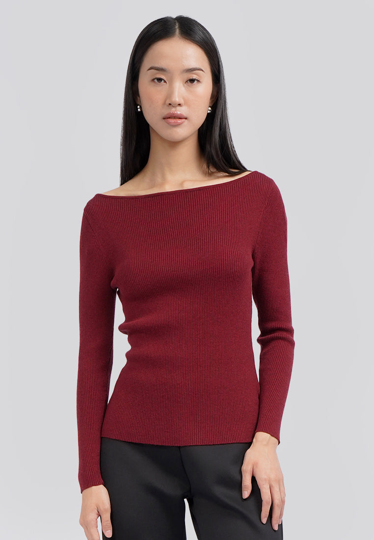 Long Sleeve Boat Neck Rib Top Berry