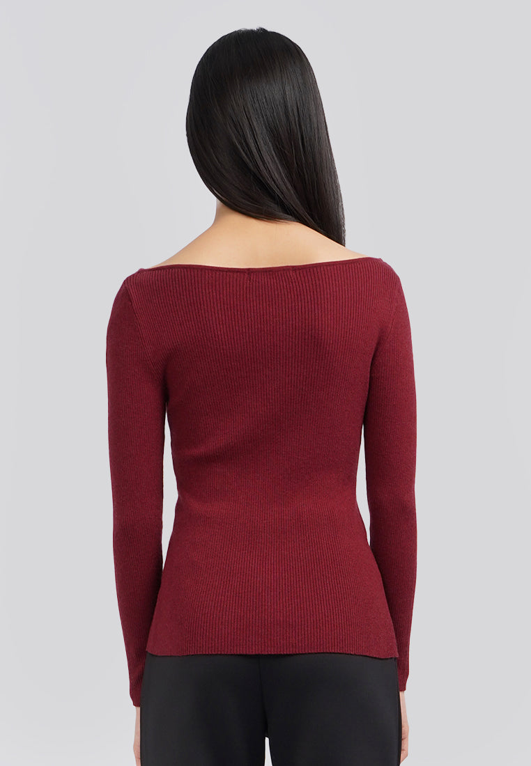 Long Sleeve Boat Neck Rib Top Berry