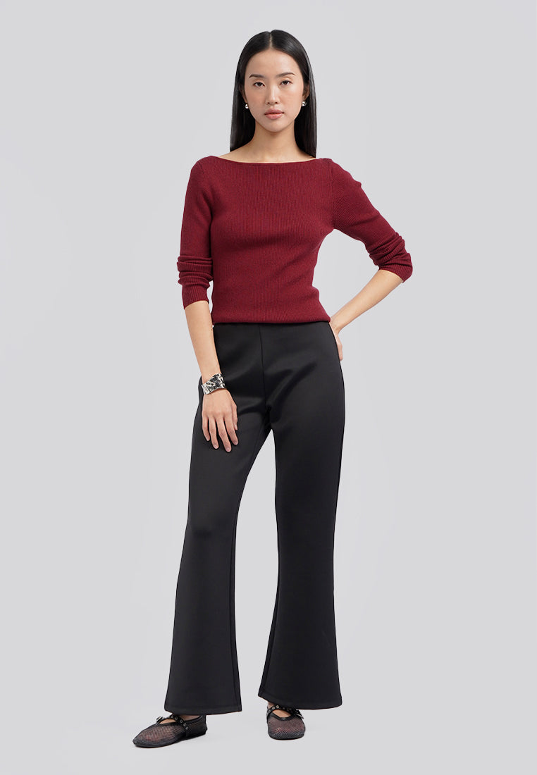 Long Sleeve Boat Neck Rib Top Berry