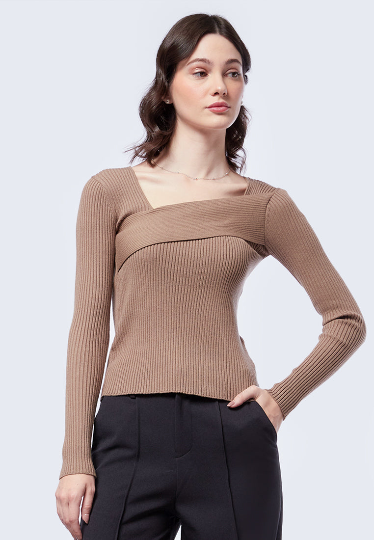 Long Sleeve Top with Asymmetric Neck Tan