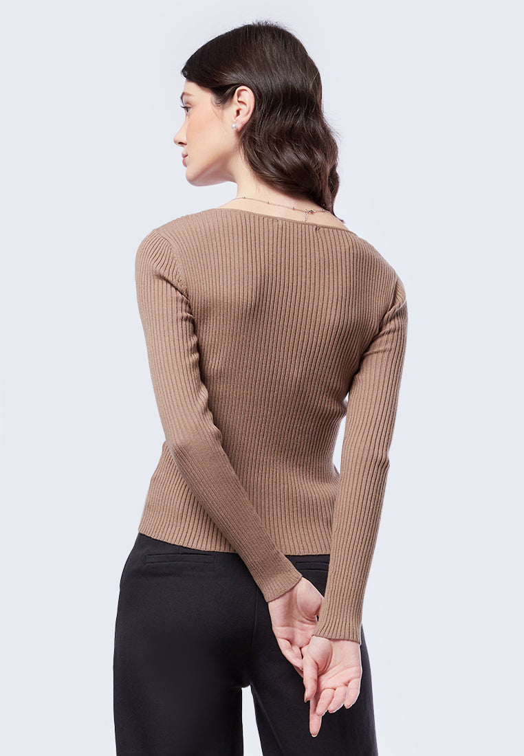 Long Sleeve Top with Asymmetric Neck Tan