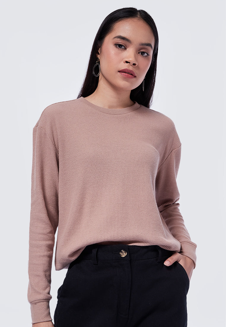Crew Neck Waffle Long Sleeve T-Shirt