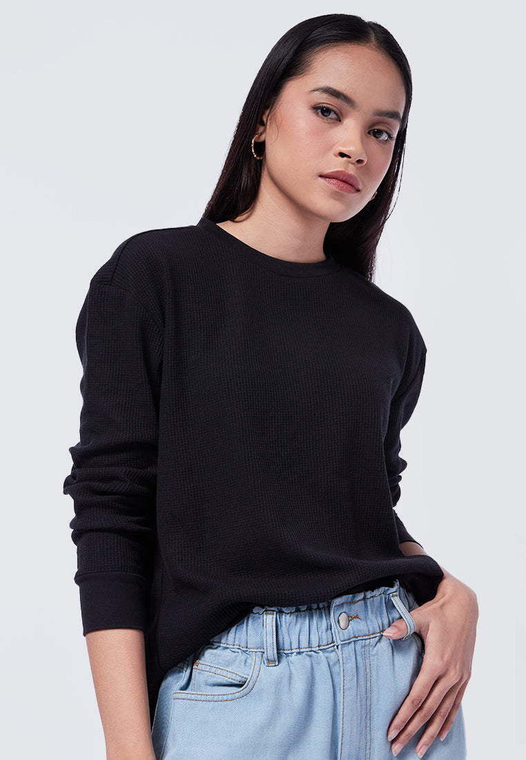 Crew Neck Waffle Long Sleeve T-Shirt