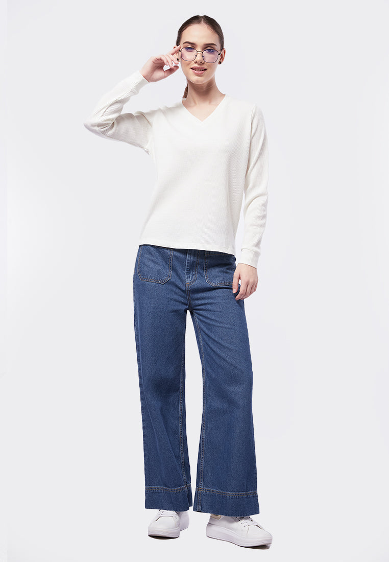 V-Neck Long Sleeve Waffle Top