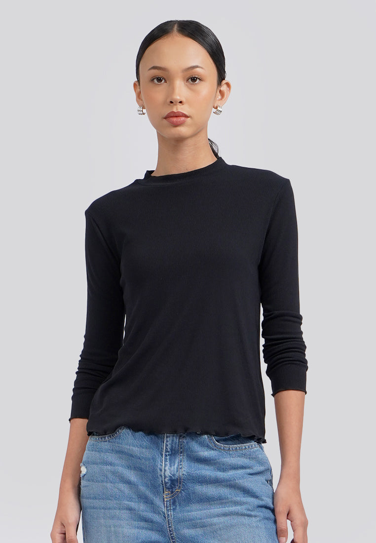 Turtle Neck Long Sleeve Rib Top Black