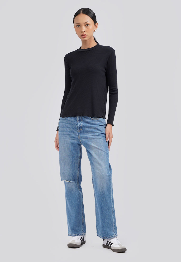 Turtle Neck Long Sleeve Rib Top Black