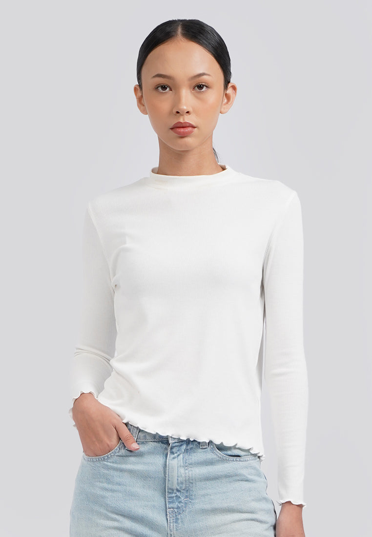 Turtle Neck Long Sleeve Rib Top Off White