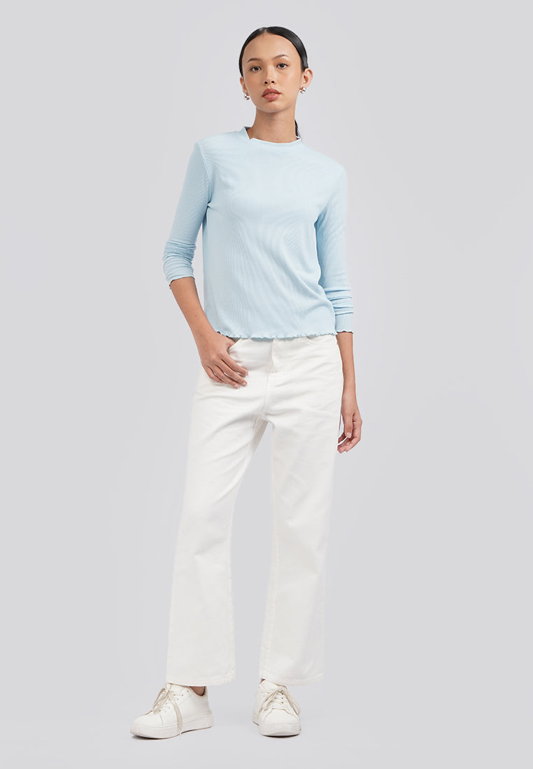 Turtle Neck Long Sleeve Rib Top Ice Blue