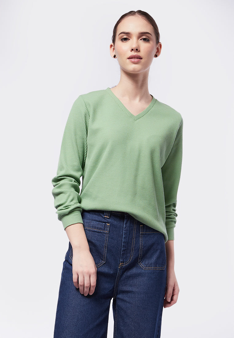 V-Neck Long Sleeve Waffle Top