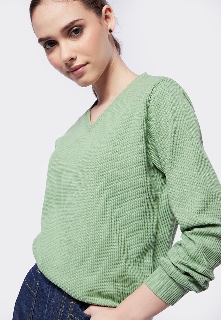 V-Neck Long Sleeve Waffle Top