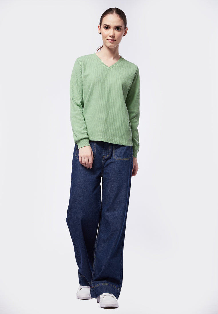 V-Neck Long Sleeve Waffle Top