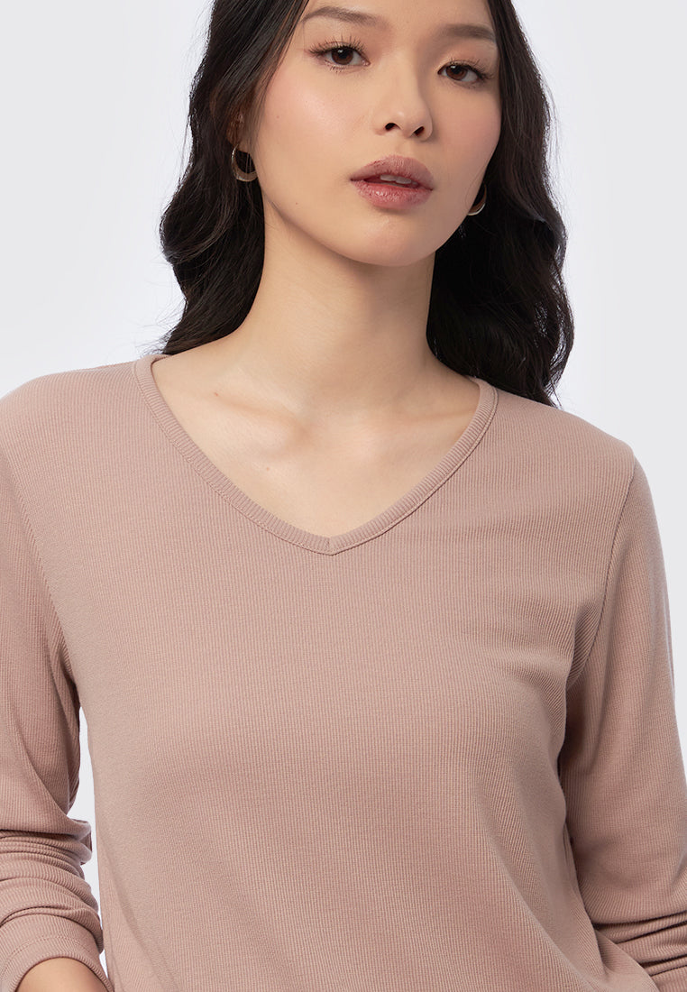 V-Neck Long Sleeve Rib Top