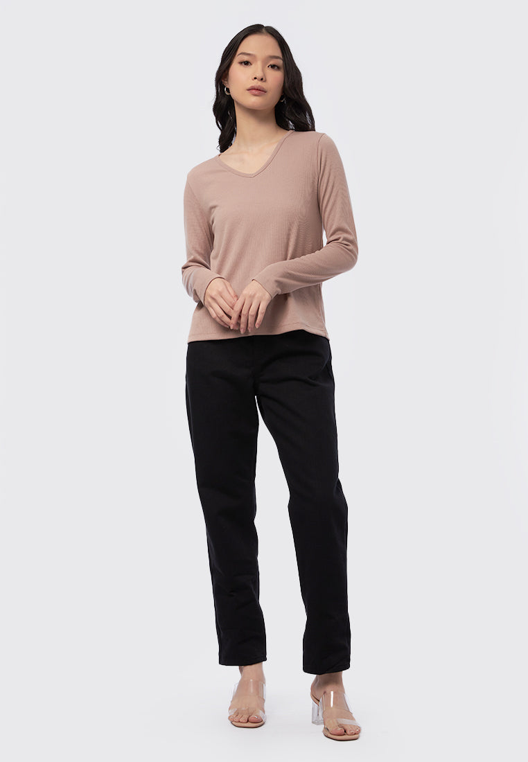 V-Neck Long Sleeve Rib Top
