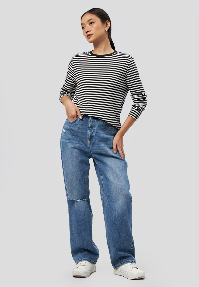 Crew Neck Long Sleeve Stripe T-Shirt