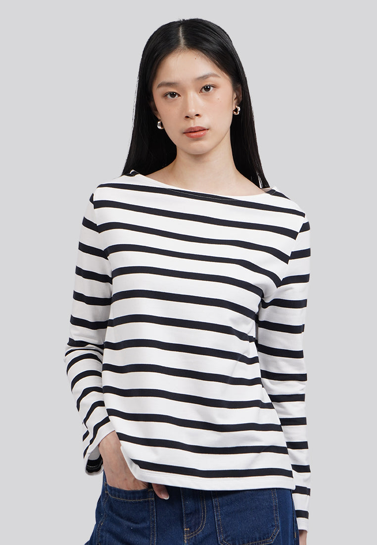 Boat Neck Stripes Long Sleeve Top